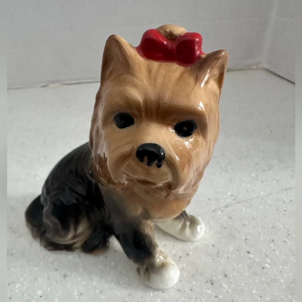 Vintage Bone China Yorkshire Terrier Dog Figurine with Red Bow! Collectible